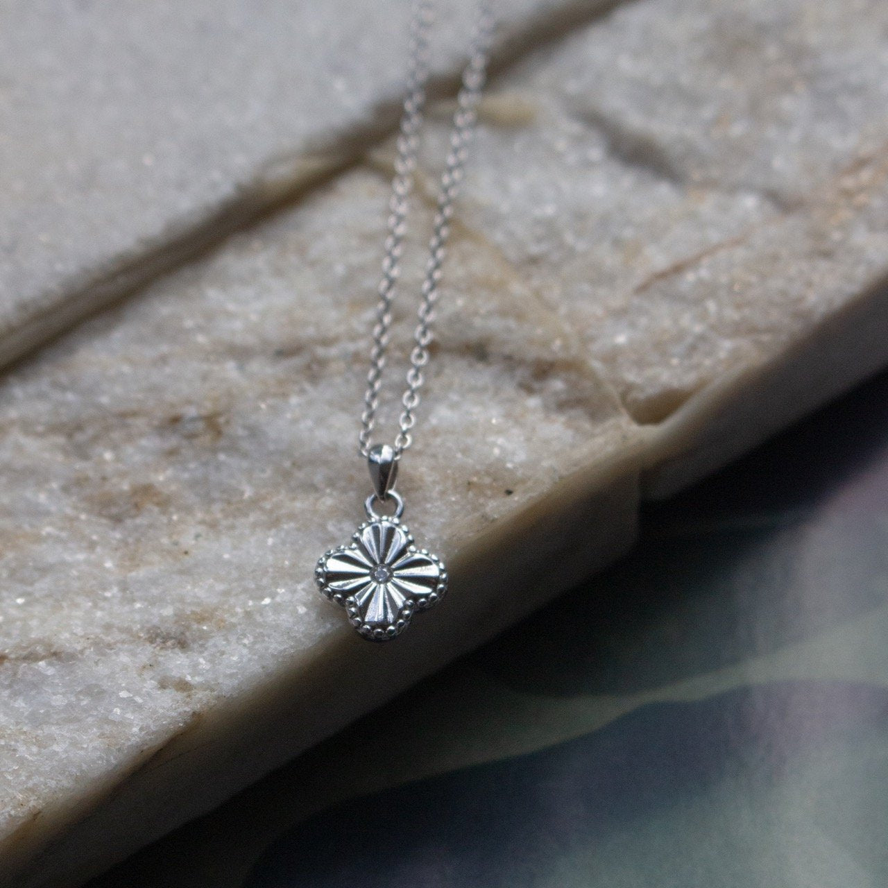 Sterling Silver Designer Inspired Center CZ Clover Necklace
