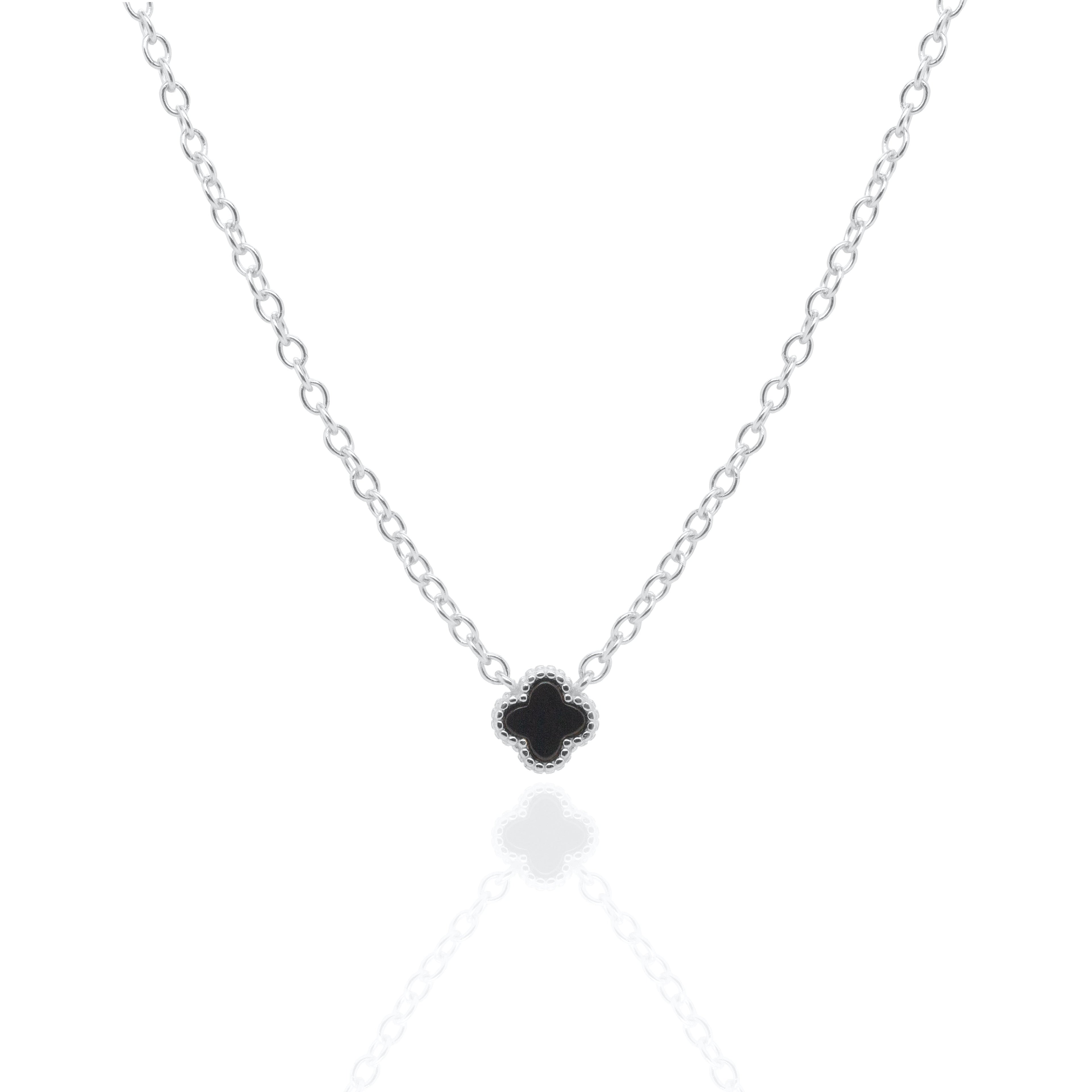 Sterling Silver Designer Inspired Black Agate Clover Necklace