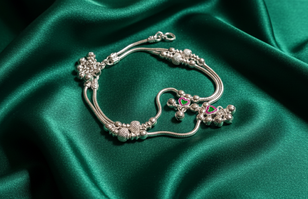 Silver Dangling Heart Anklet 7 inch