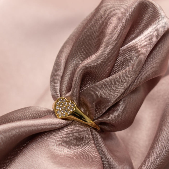 Sterling Silver 14kt Gold Vermeil CZ Heart Signet Ring