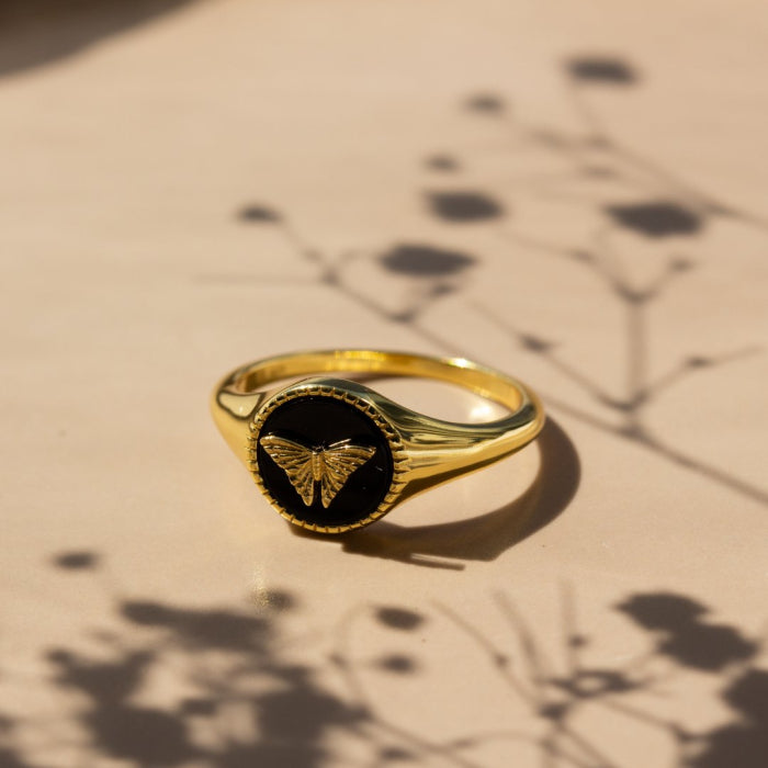 Sterling Silver Butterfly Onyx Signet Ring - 14kt Gold Vermeil