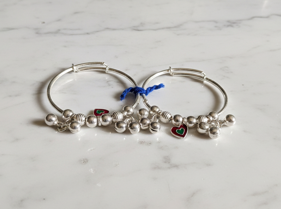 Heart Charm Silver Bangles