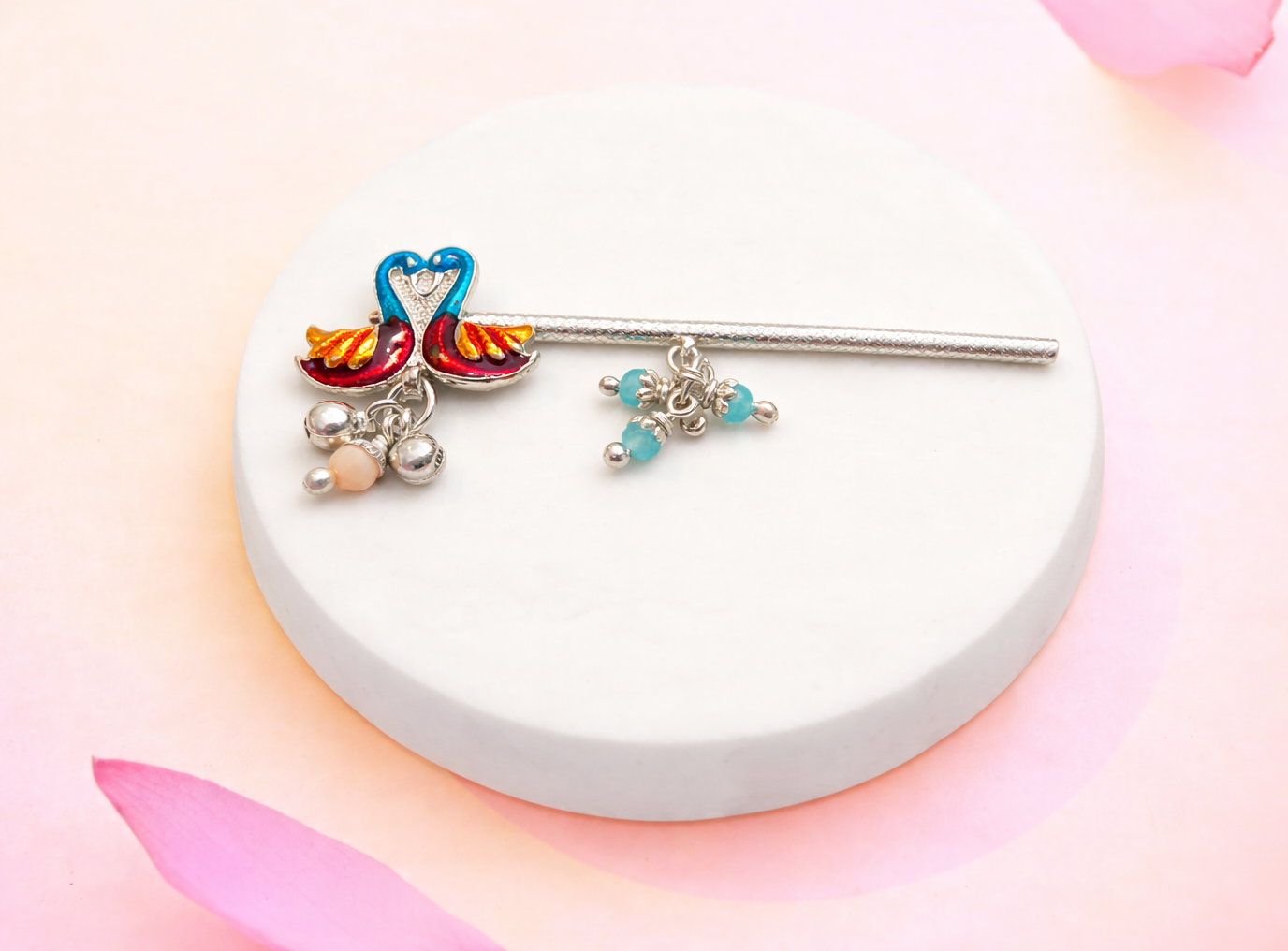 Silver Flute with blue peacocks and ghungroo