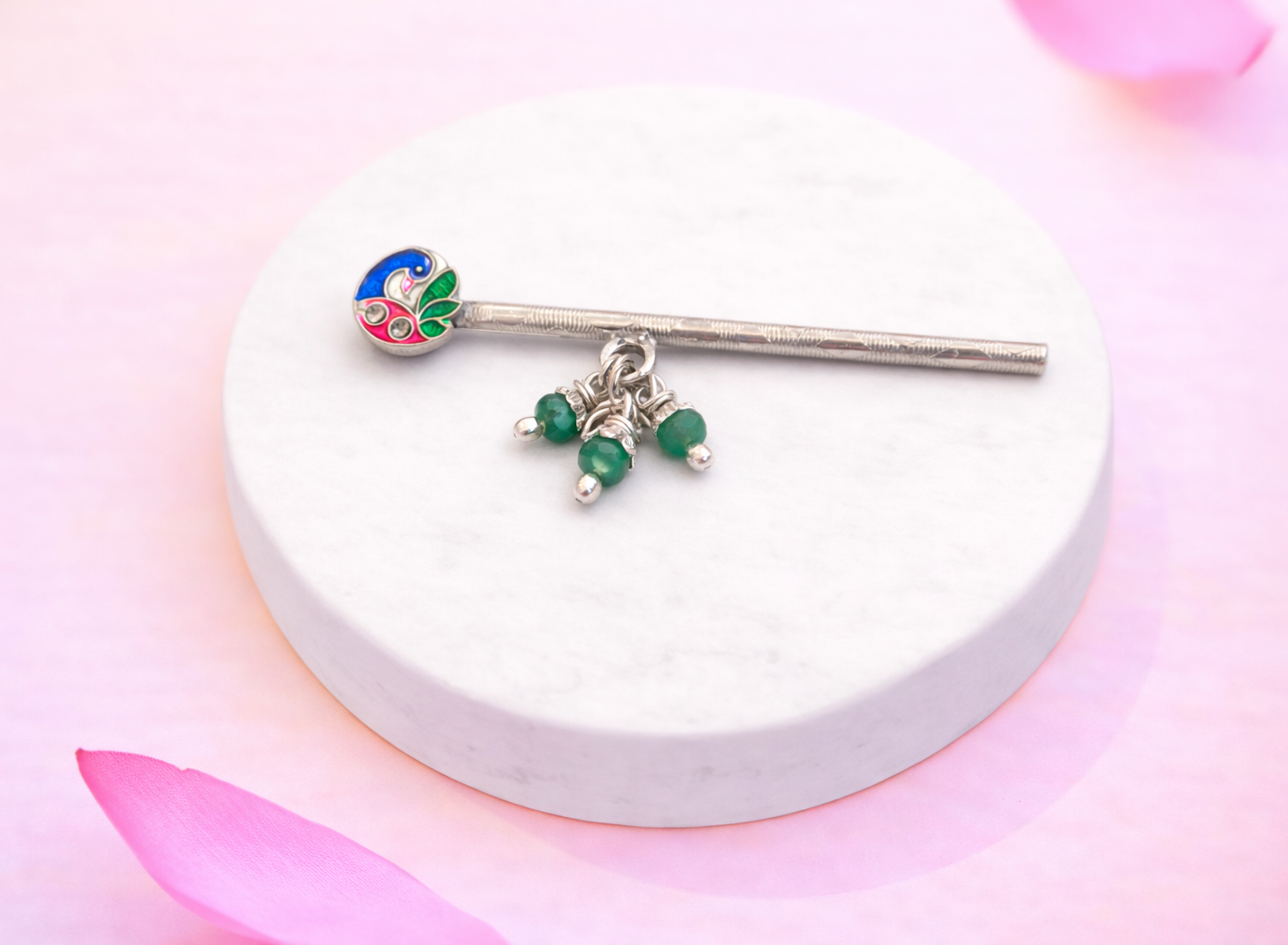 Elegant silver flute with peacock design