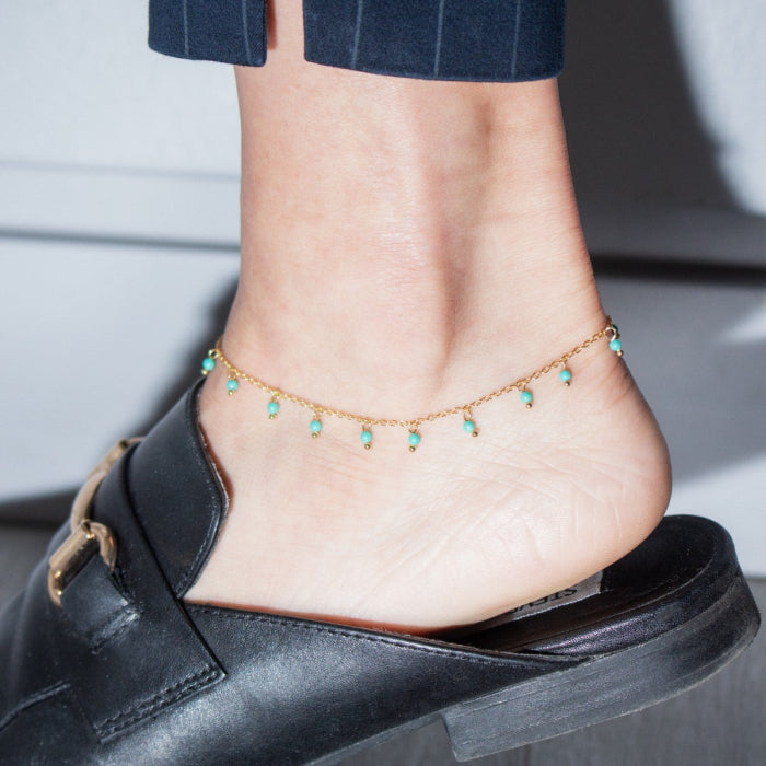 Sterling Silver Anklet with Turquoise Beads - 14kt Gold Vermeil