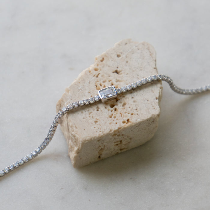 Sterling Silver CZ Bezel Set Rectangle Cut Tennis Bracelet