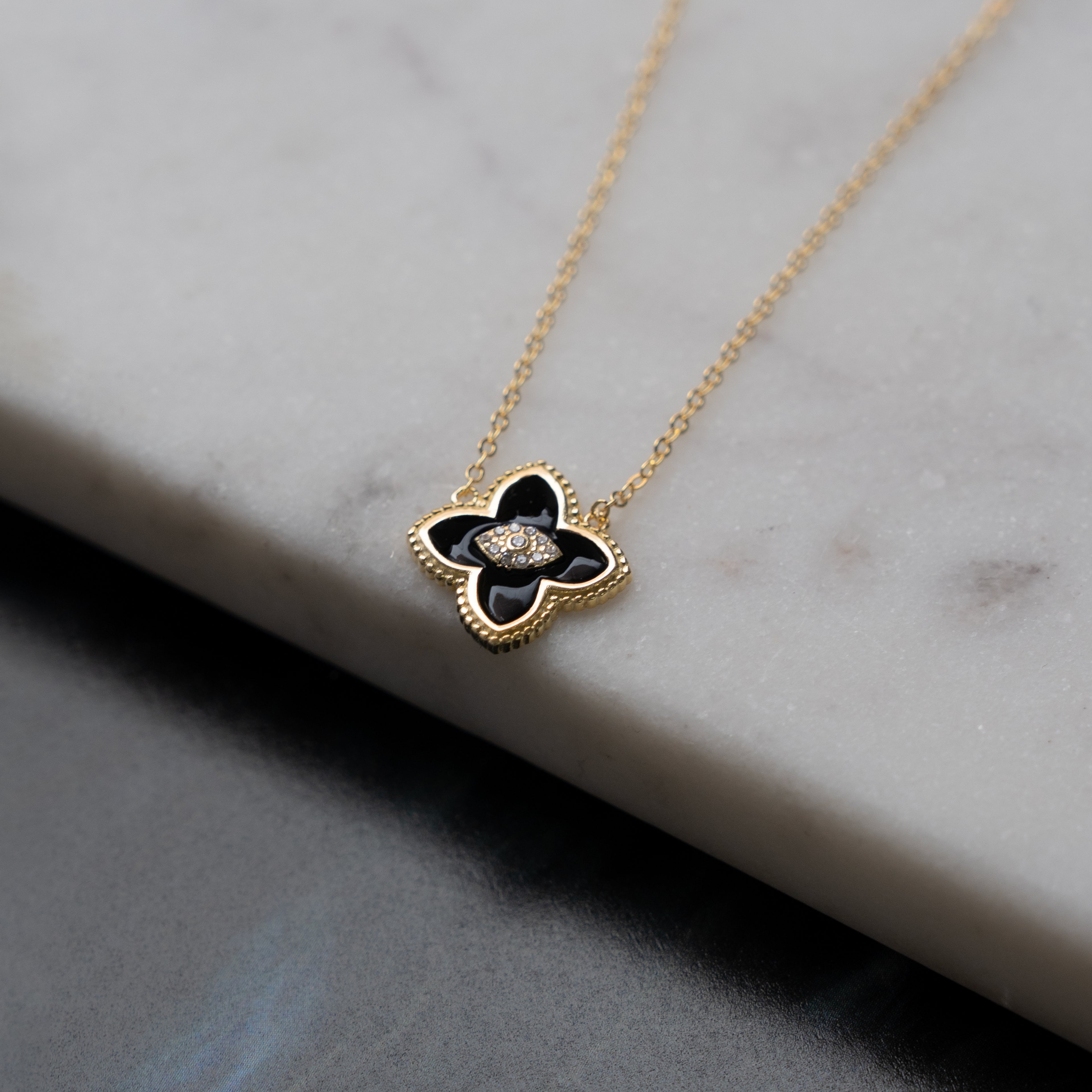 Sterling Silver Designer Inspired Center CZ Clover Necklace - Black