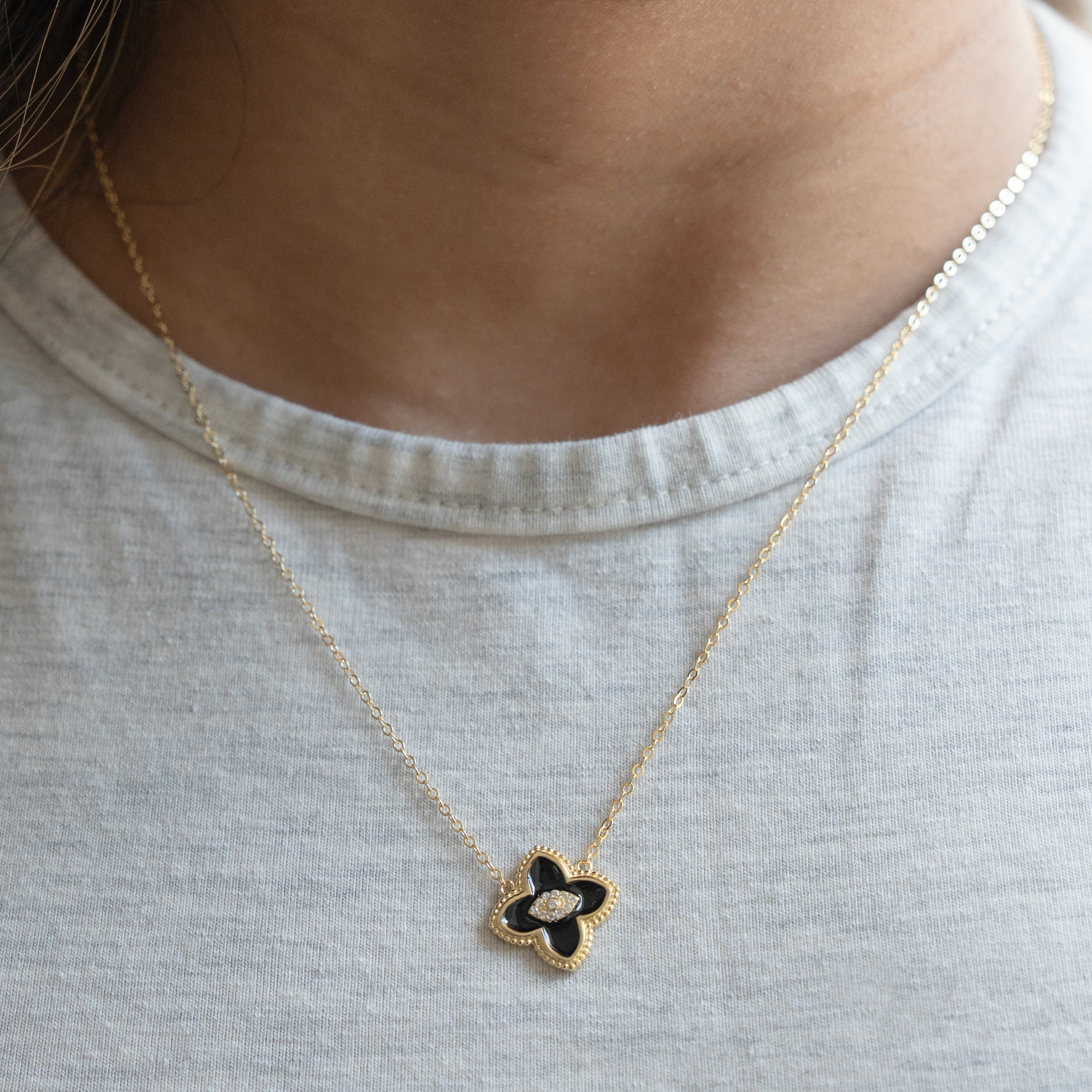 Sterling Silver Designer Inspired Center CZ Clover Necklace - Black