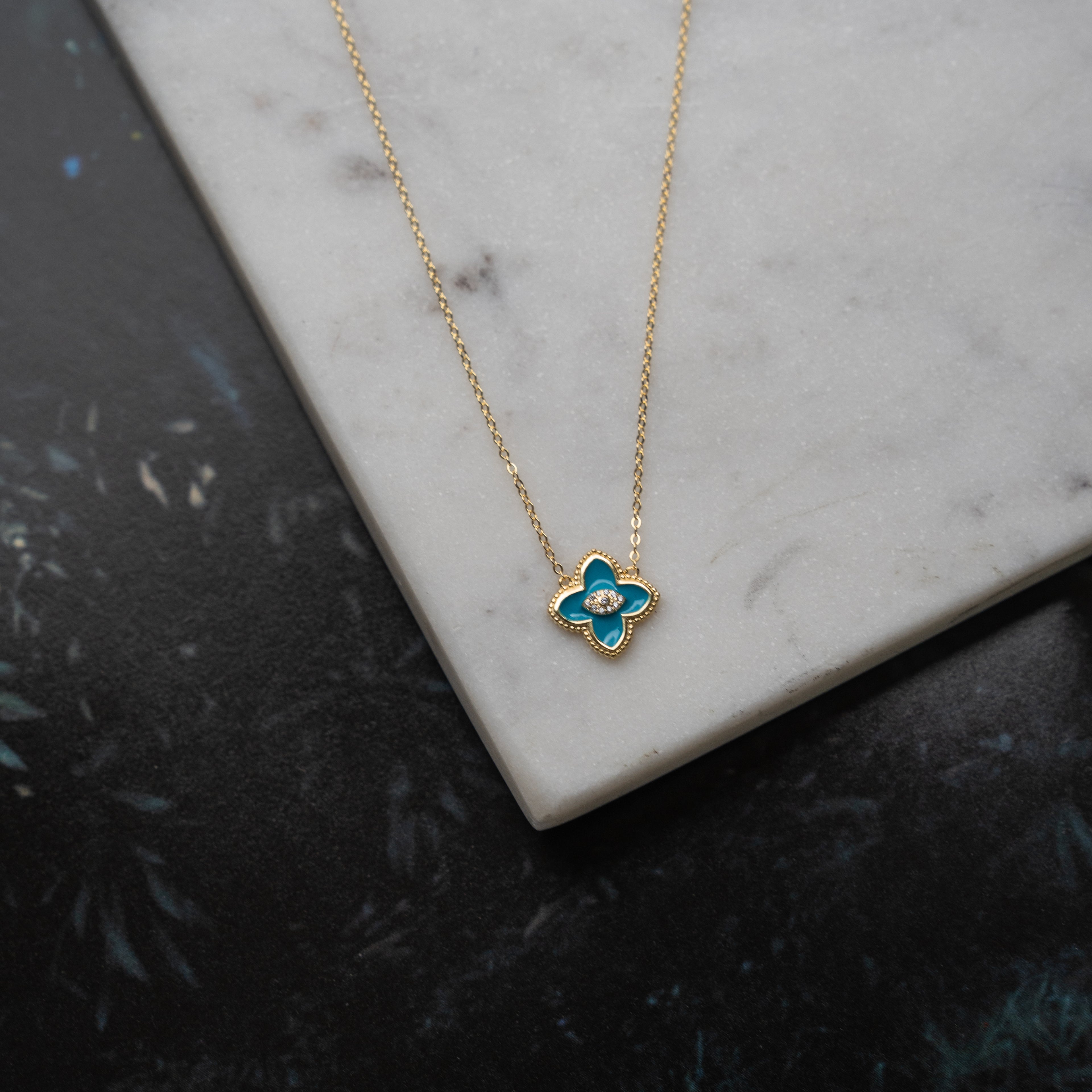 Sterling Silver Designer Inspired Center CZ Clover Necklace - Turquoise