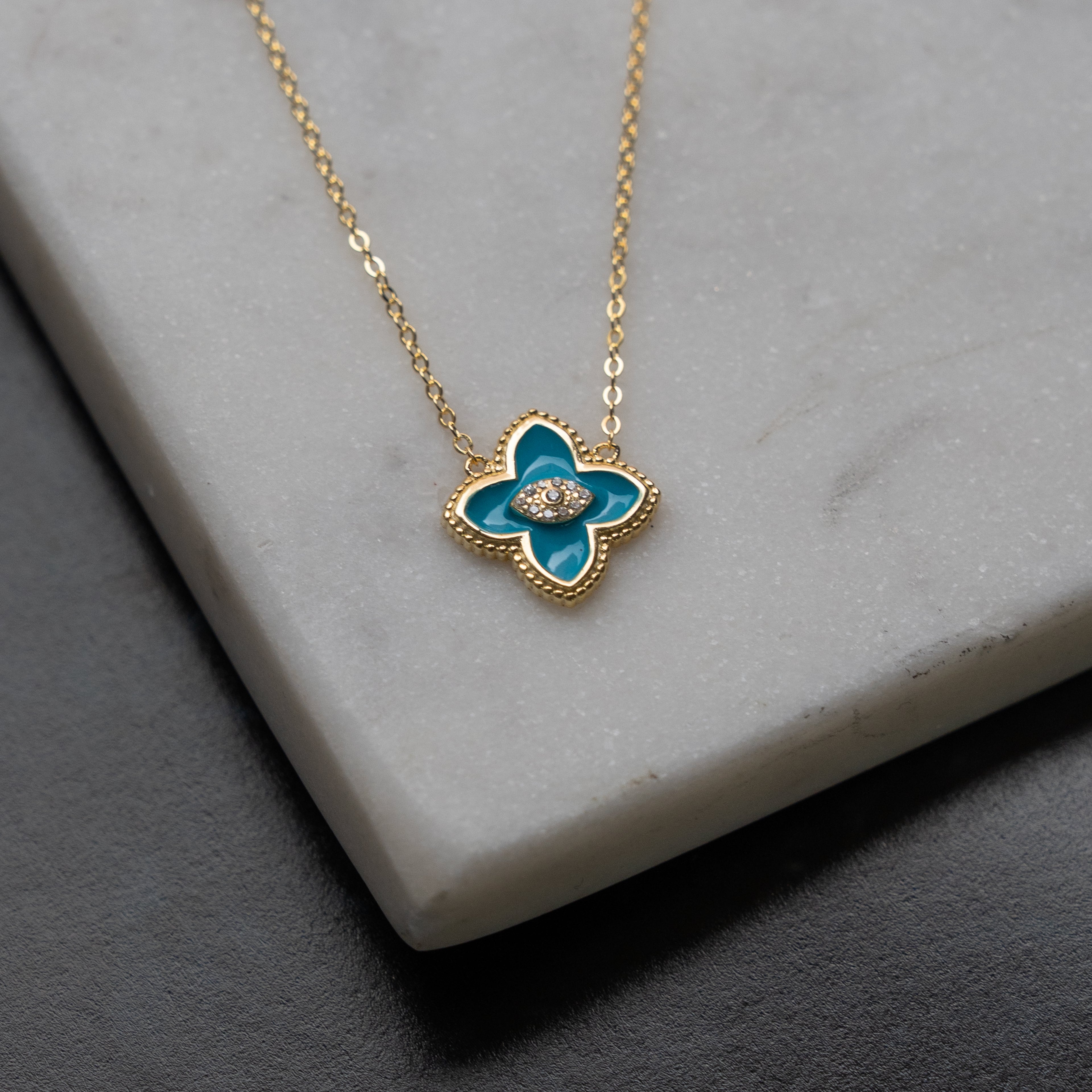 Sterling Silver Designer Inspired Center CZ Clover Necklace - Turquoise