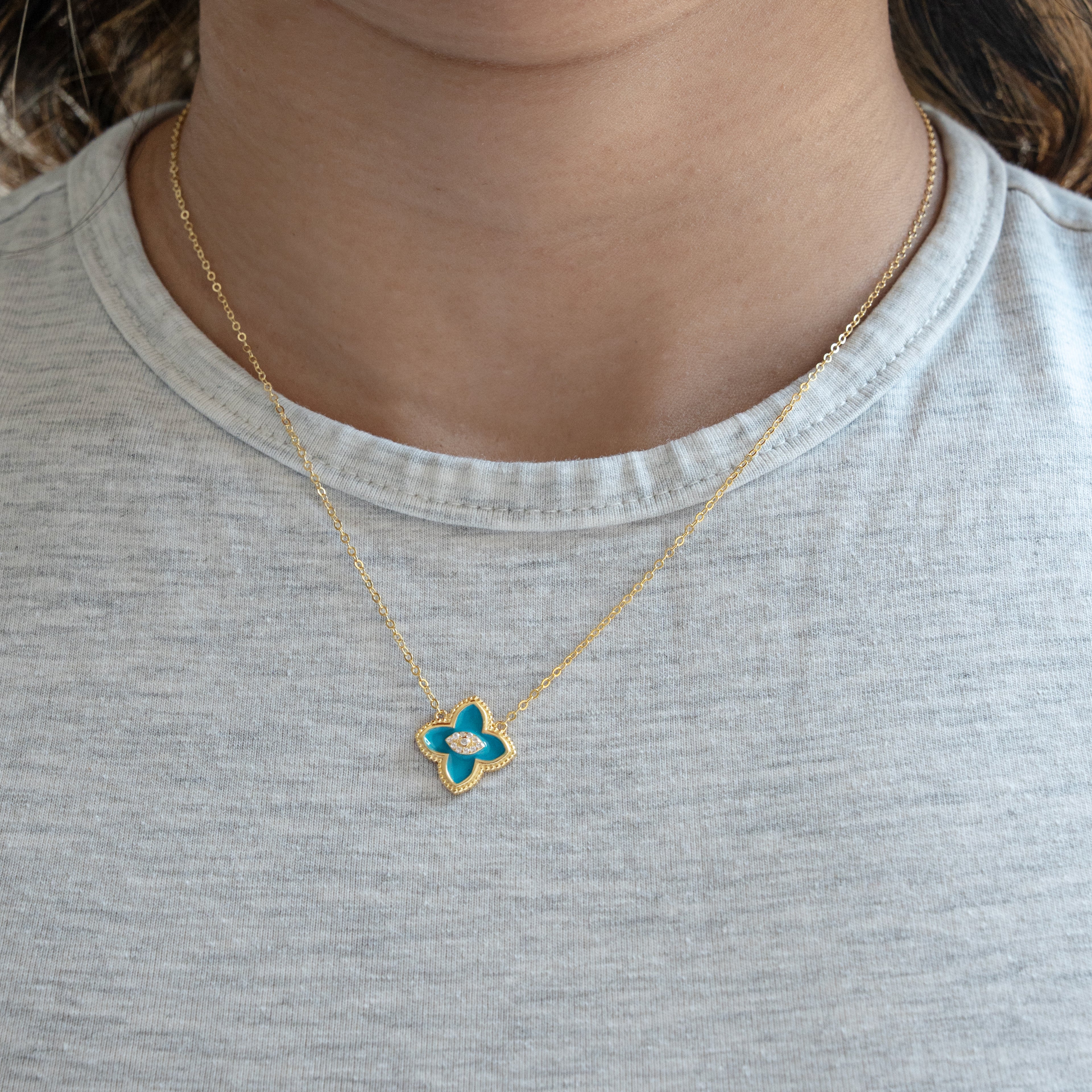 Sterling Silver Designer Inspired Center CZ Clover Necklace - Turquoise