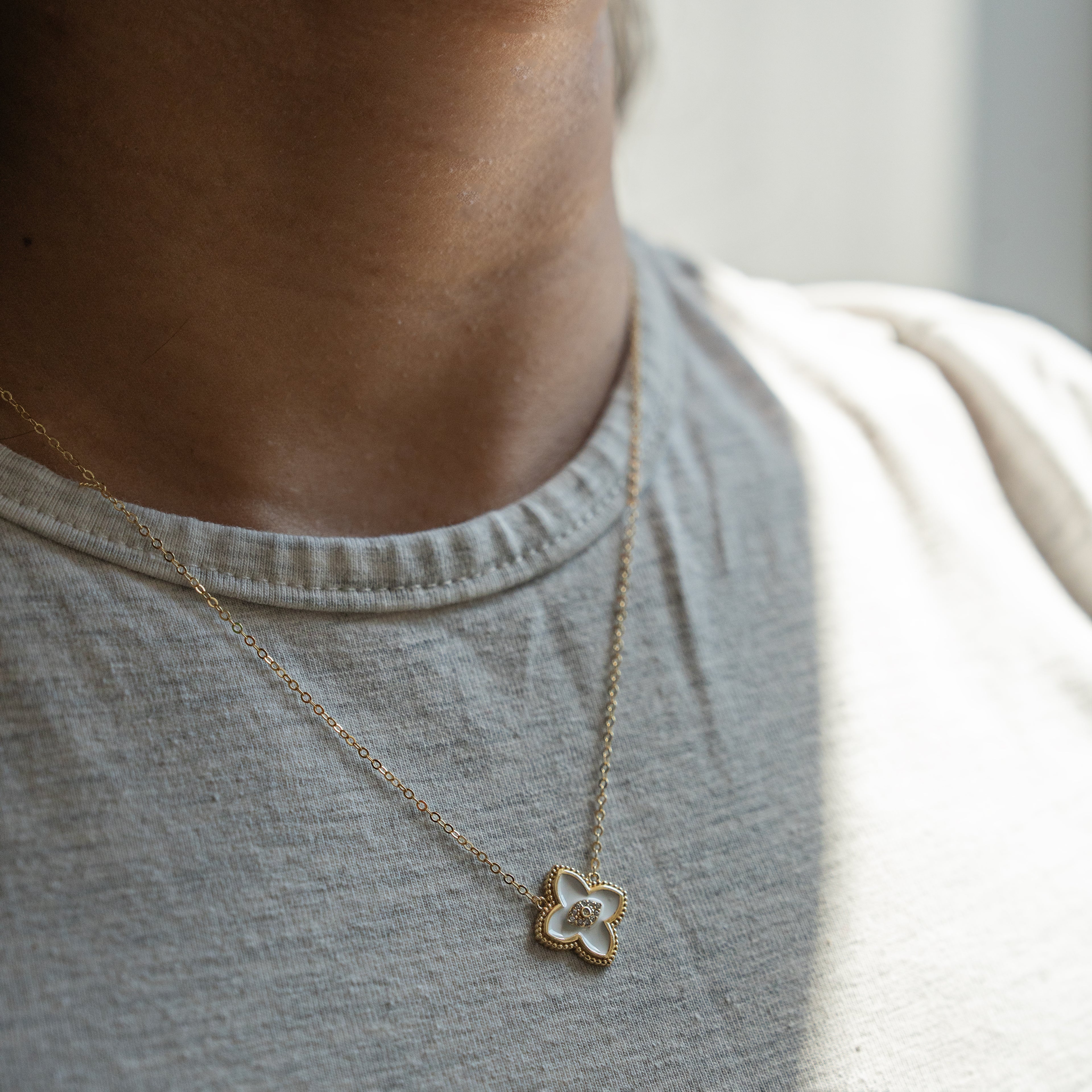 Sterling Silver Designer Inspired Center CZ Clover Necklace - White