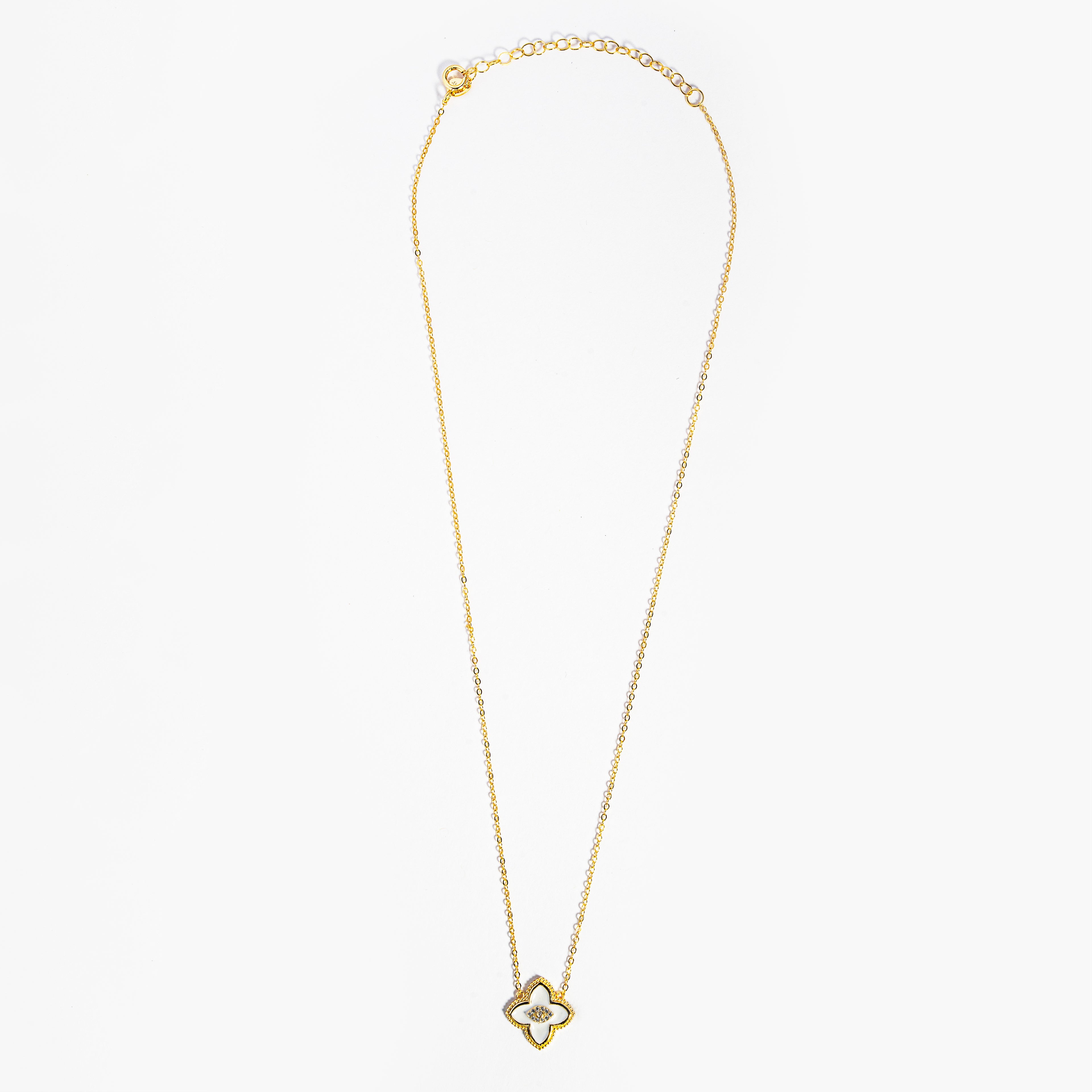 Sterling Silver Designer Inspired Center CZ Clover Necklace - White