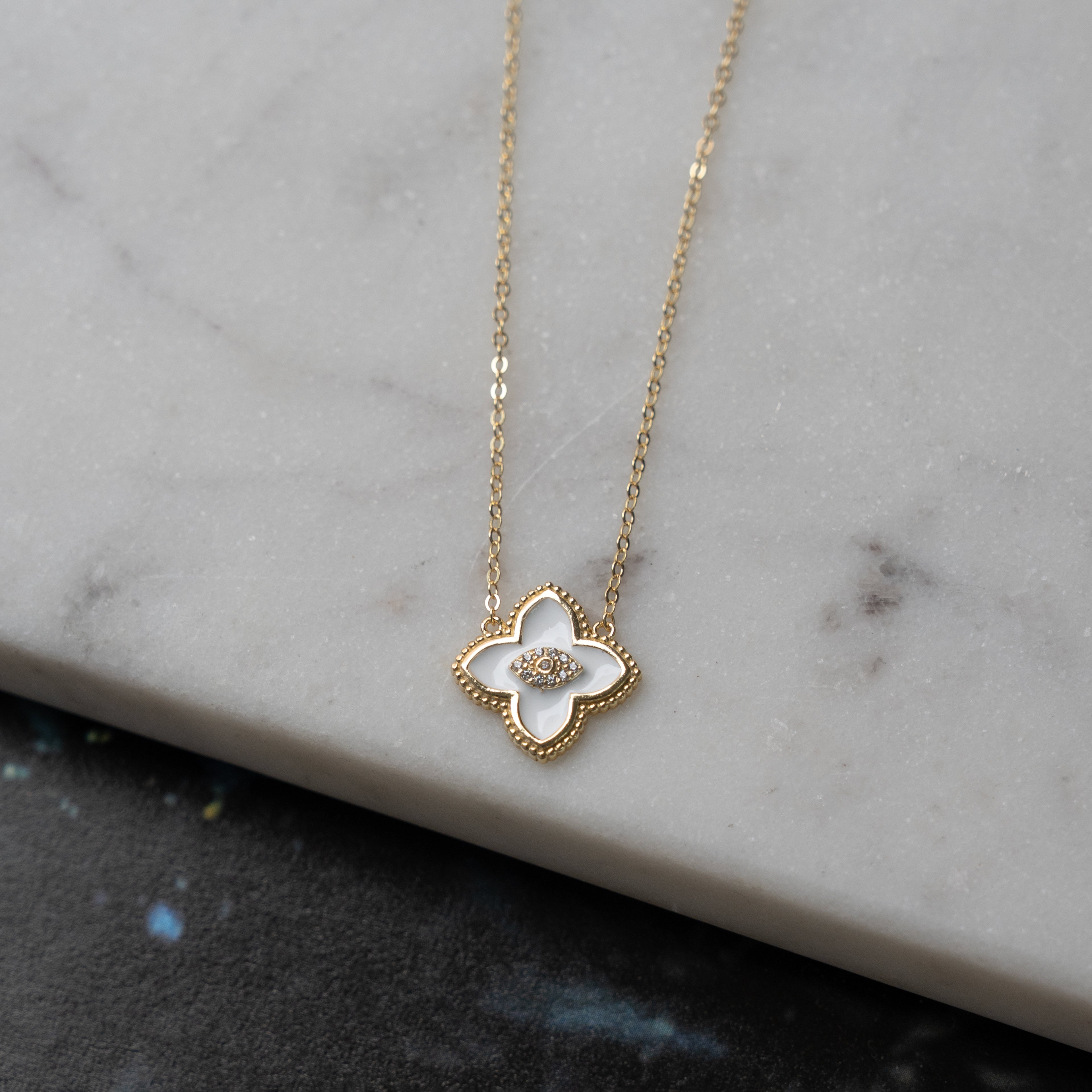 Sterling Silver Designer Inspired Center CZ Clover Necklace - White