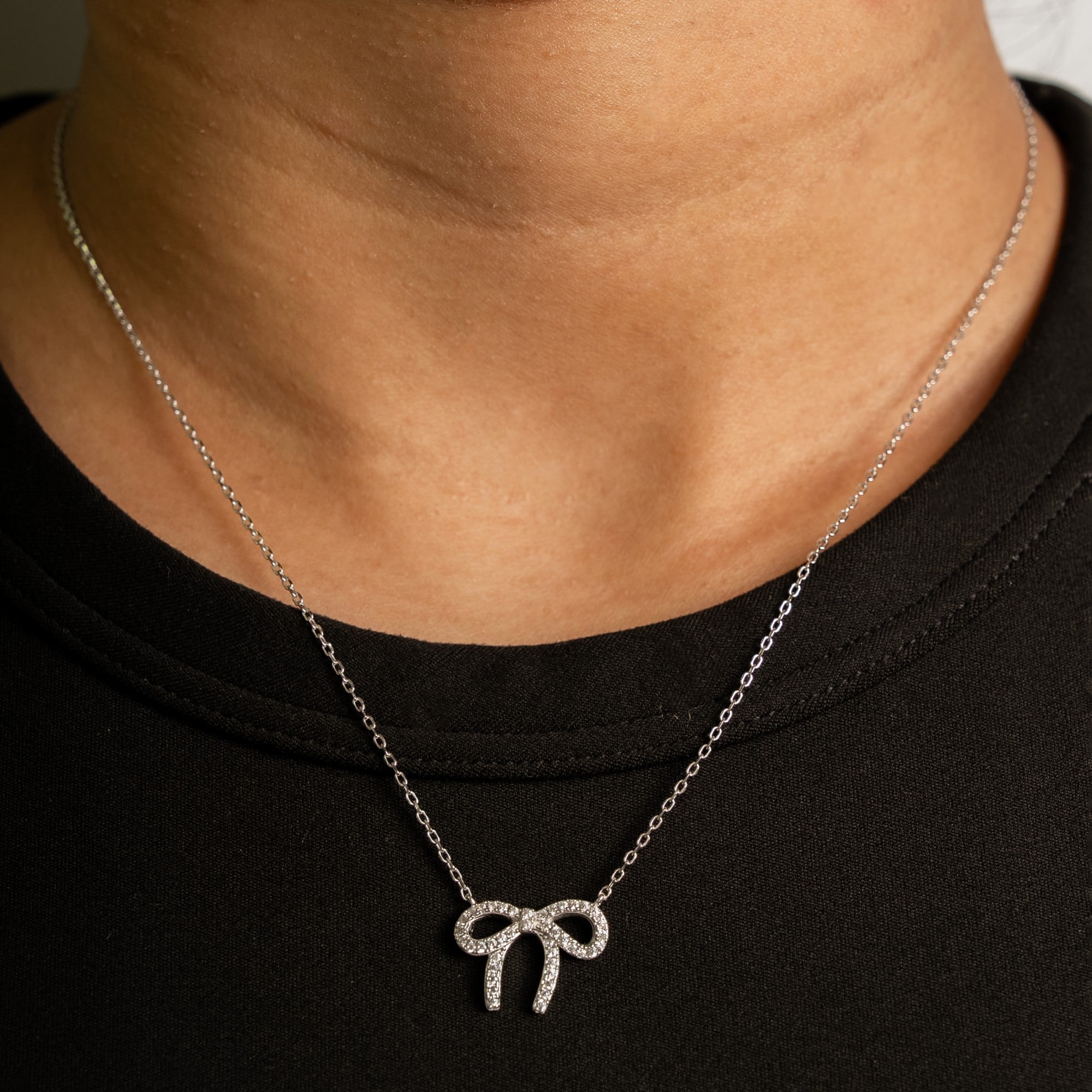Sterling Silver CZ Ribbon Bow Necklace