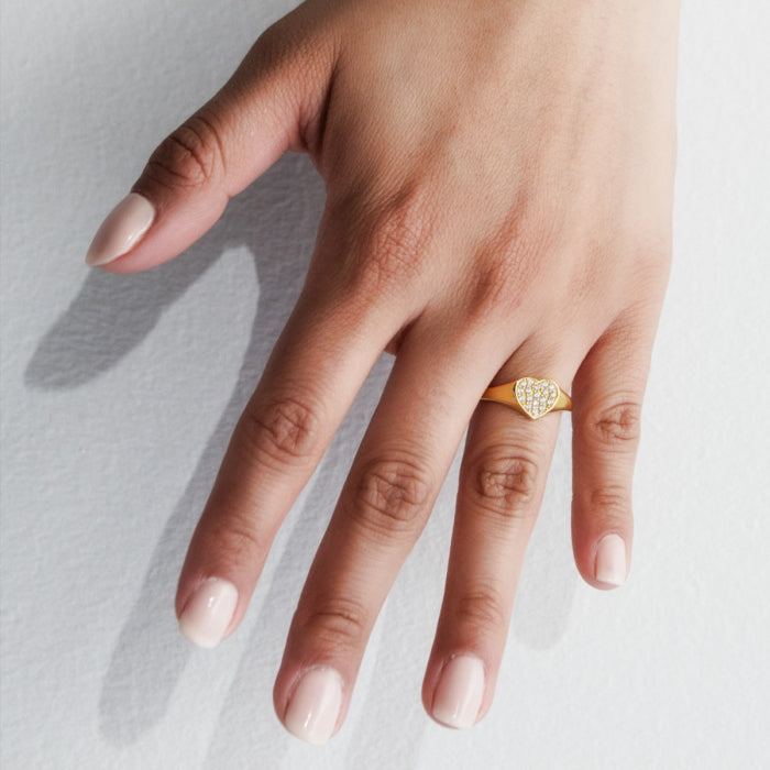 Sterling Silver 14kt Gold Vermeil CZ Heart Signet Ring