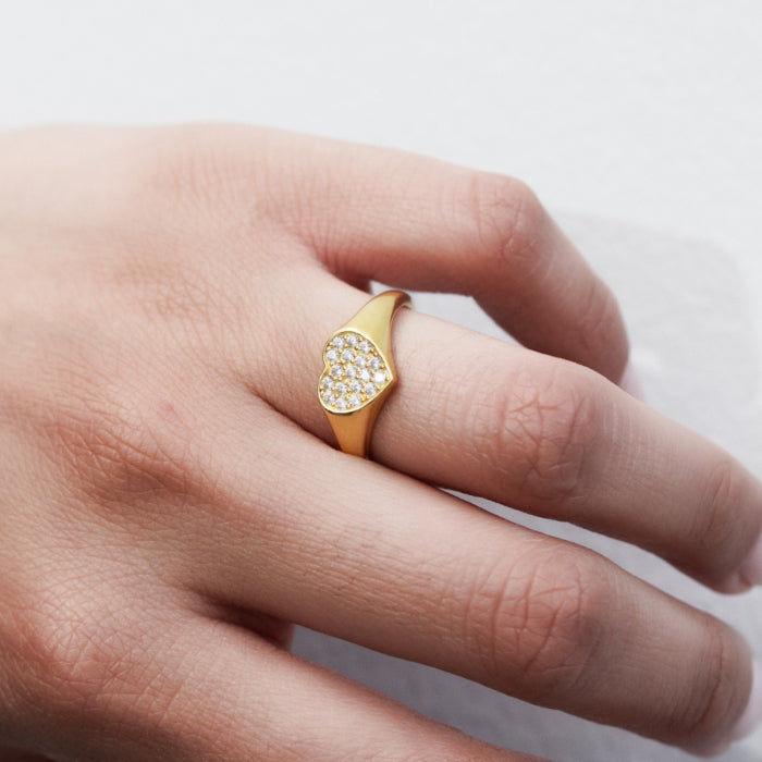 Sterling Silver 14kt Gold Vermeil CZ Heart Signet Ring