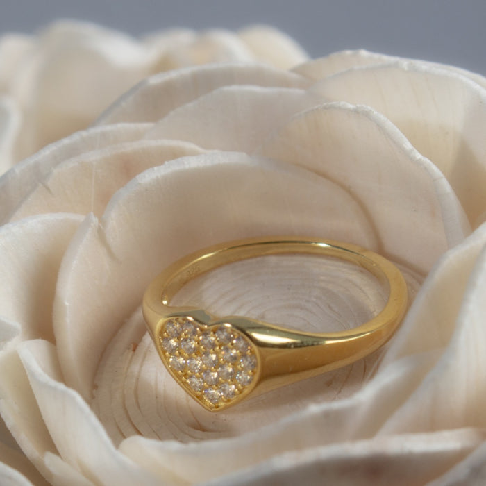 Sterling Silver 14kt Gold Vermeil CZ Heart Signet Ring