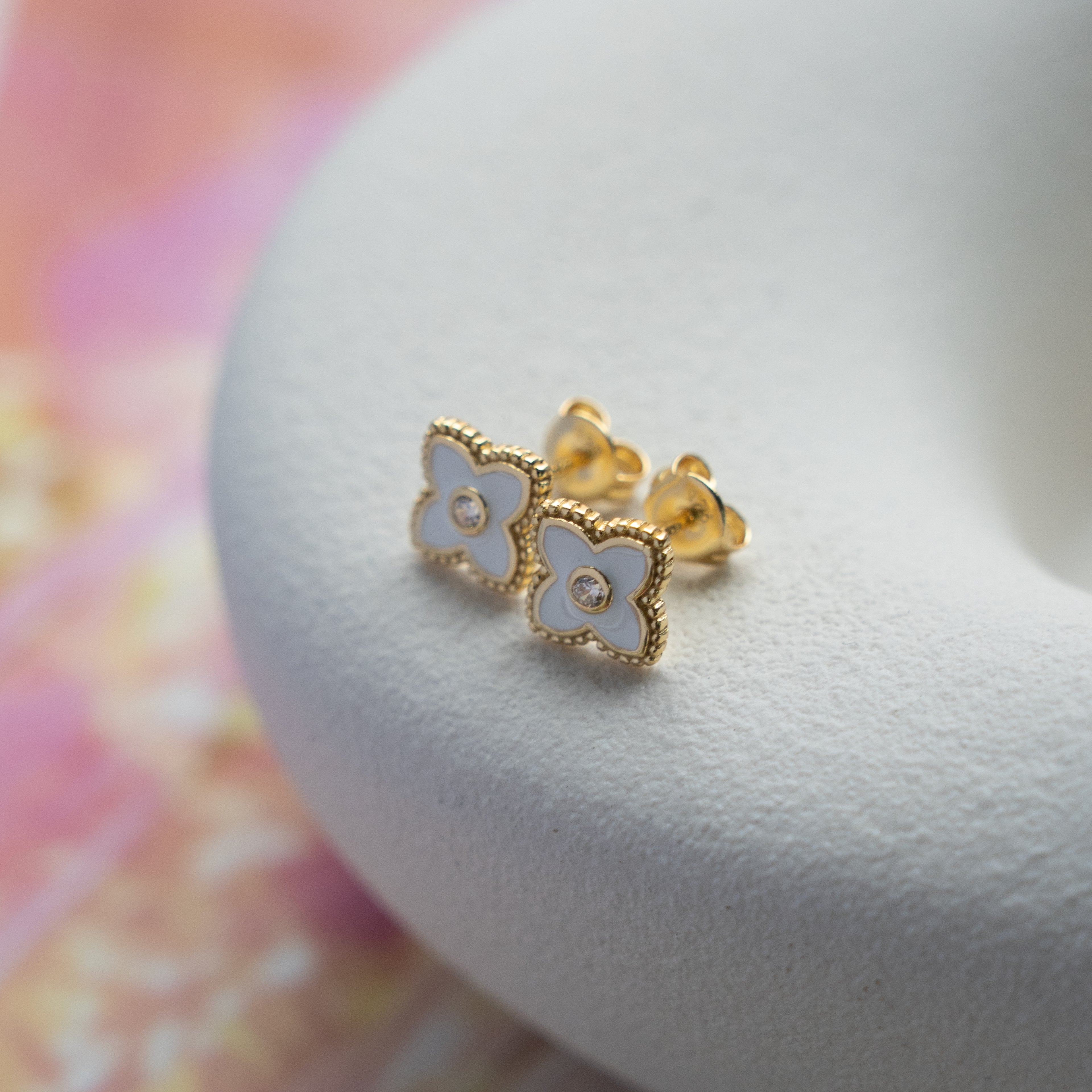 Sterling Silver Clover Stud Earrings (White)